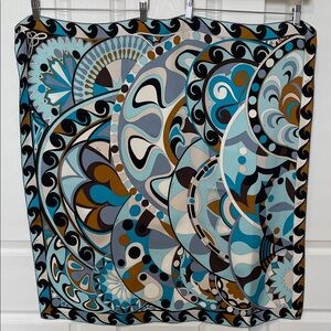 Emilio Pucci Turquoise, Teal, Brown, Black & Cream Printed Silk Scarf